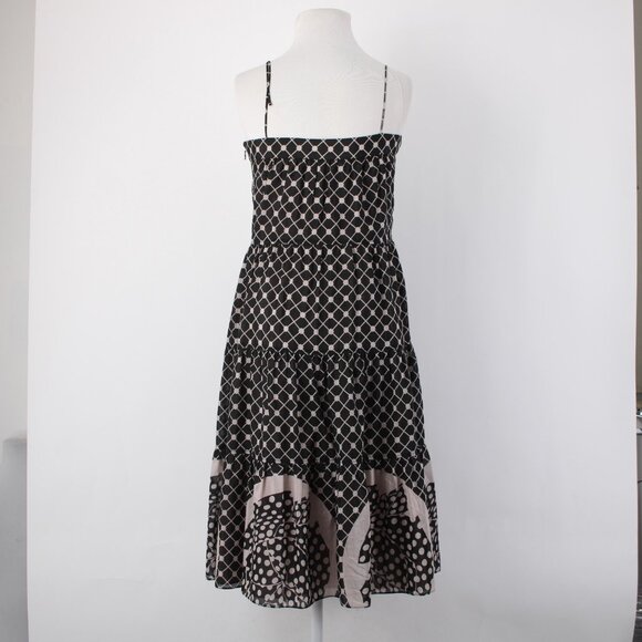 Tocca Dress Sz 4 Black Tan Ruffled Lined Fit Flare Cotton Silk Dress - Picture 9 of 16